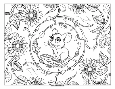 Coloriage de souris pour adultes : Une souris aux grands yeux posée sur une feuille est mise en valeur par du lierre et des tournesols dans un motif de mandala