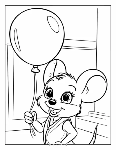 Coloriage de souris pour enfants : Une souris joyeuse en gilet tient un ballon dans un espace lumineux et ouvert