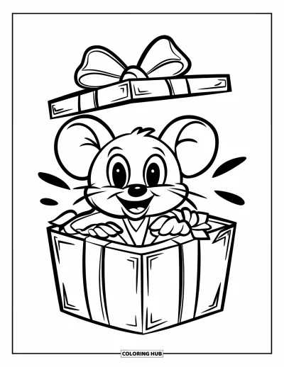 Coloriage de souris pour enfants : Une souris joyeuse avec un nœud papillon surgit d'une boîte-cadeau soigneusement emballée