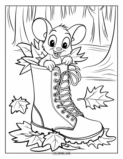 Coloriage de souris pour enfants : Une souris curieuse passe la tête hors d'une botte entourée de feuilles de forêt