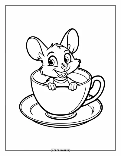 Coloriage de souris pour enfants : Une souris curieuse passe la tête hors d'une tasse à thé avec de grands yeux ronds