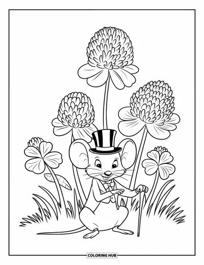 Coloriage de souris pour enfants : Une souris élégante avec une canne se repose sous des trèfles dans l'herbe