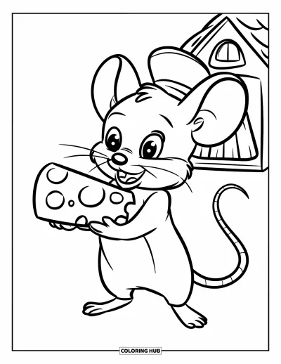 Coloriage de souris pour enfants : Une souris heureuse avec un chapeau tient un grand fromage près d'une petite maison