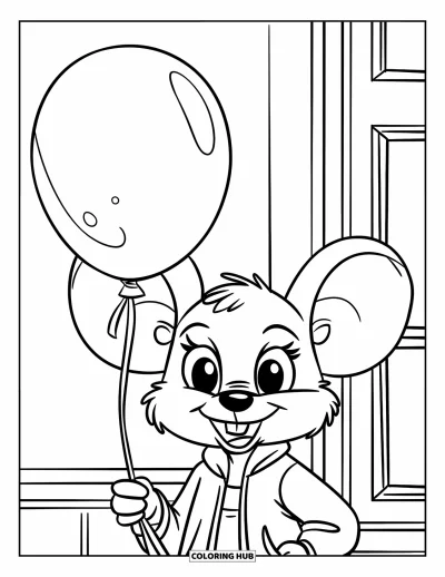 Coloriage de souris pour enfants : Une souris joyeuse en veste tient un ballon près d'une fenêtre