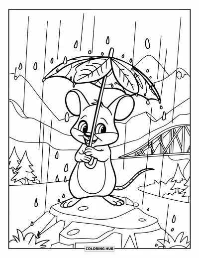Coloriage de souris pour enfants : Une petite souris sur un rocher s'abrite de la pluie sous un parapluie en feuille