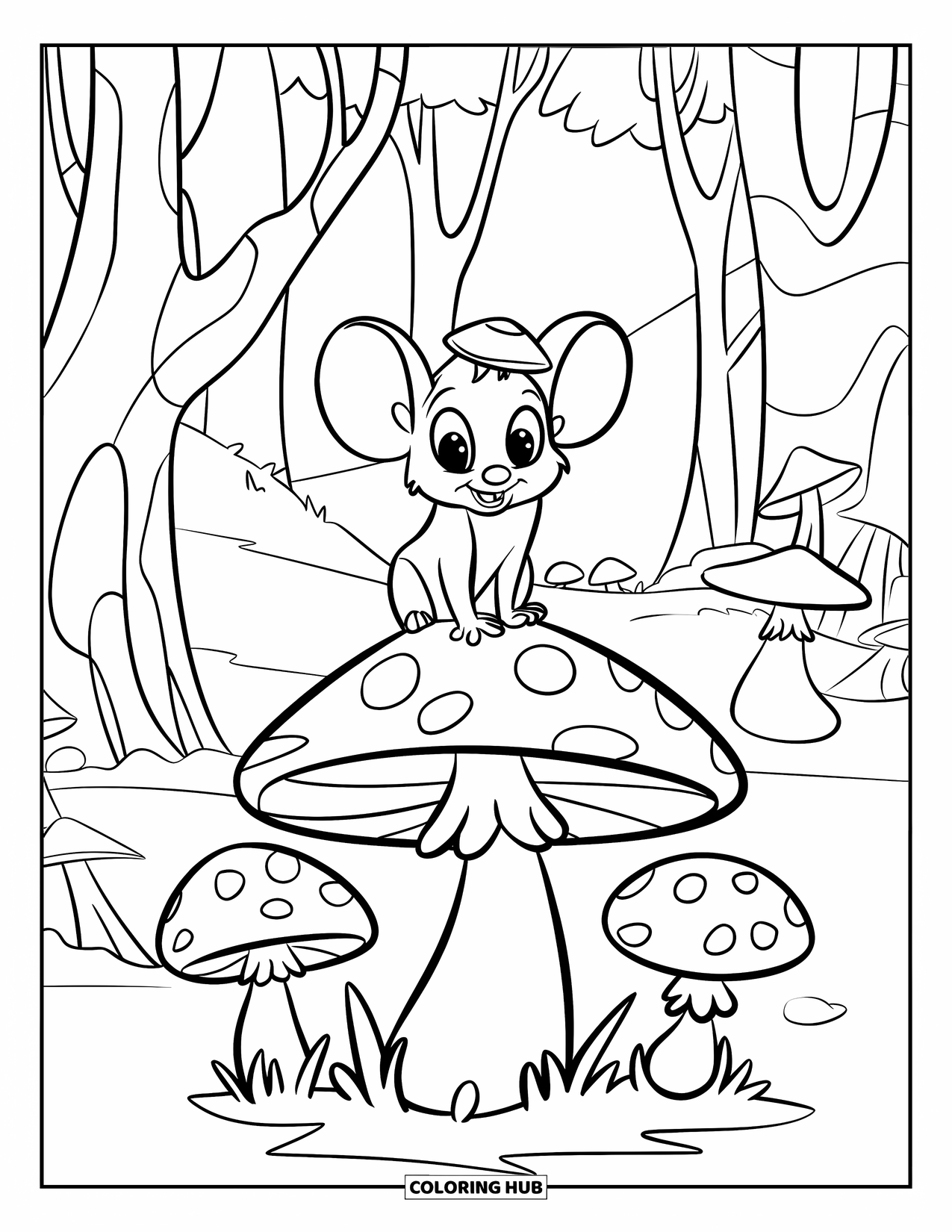 Mouse Coloring Page for Kids: A little mouse sits on a mushroom surrounded by trees and other fungi
