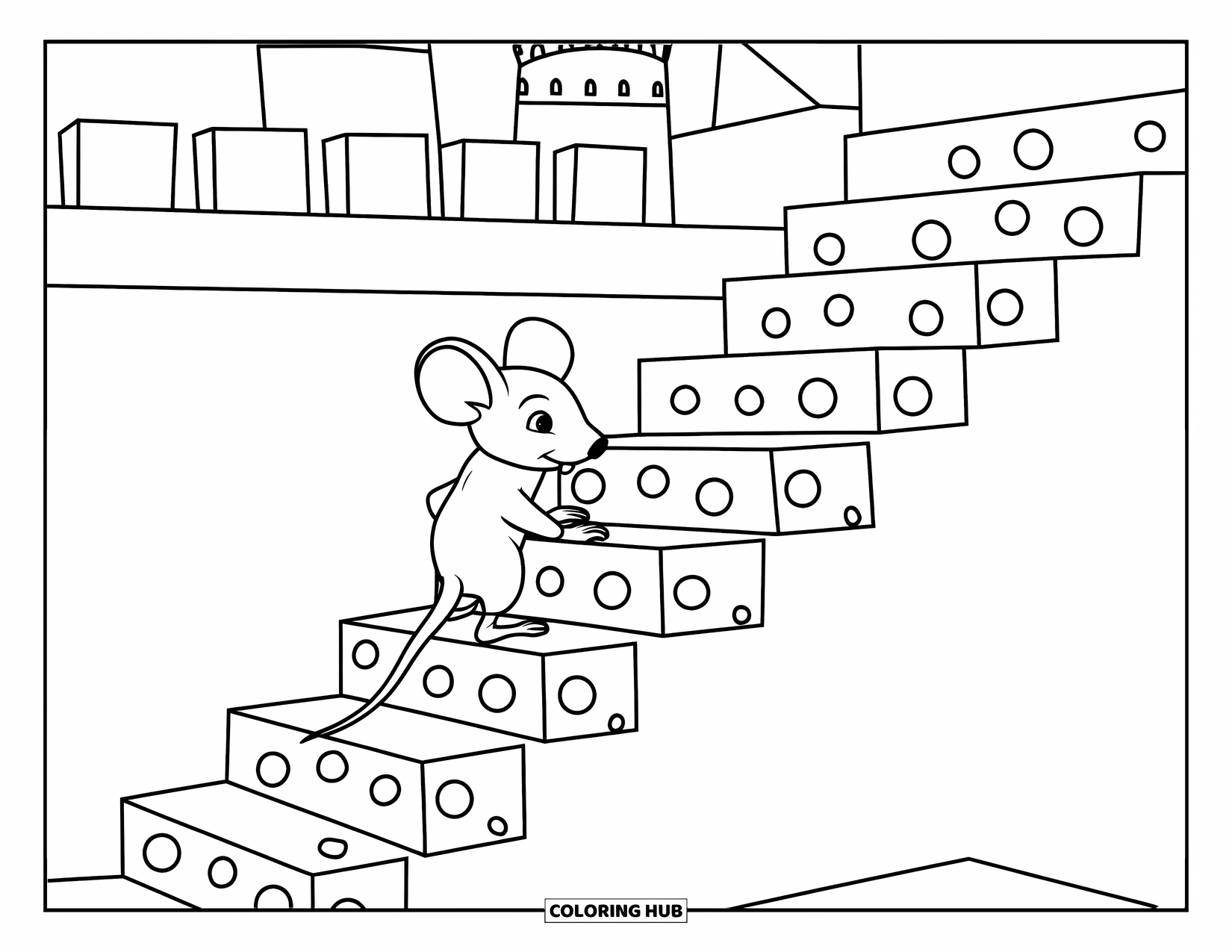 Mouse Coloring Page for Kids: A mouse climbs cheese steps with a castle and towers in the distance