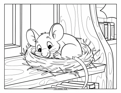 Coloriage de souris pour enfants : Une souris se blottit dans un nid de paille sur une étagère dans une pièce douillette
