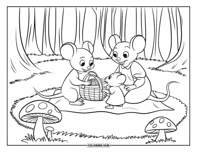 Coloriage de souris pour enfants : Une famille de souris pique-nique près de champignons avec une couverture et un panier