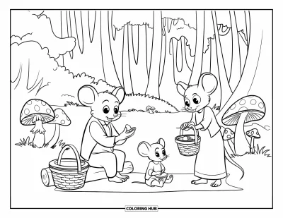 Coloriage de souris pour enfants : Une famille de souris se détend lors d'un pique-nique près de champignons dans une forêt dense
