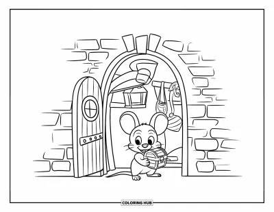 Coloriage de souris pour enfants : Une souris se cache derrière un mur de briques en tenant un petit coffre au trésor