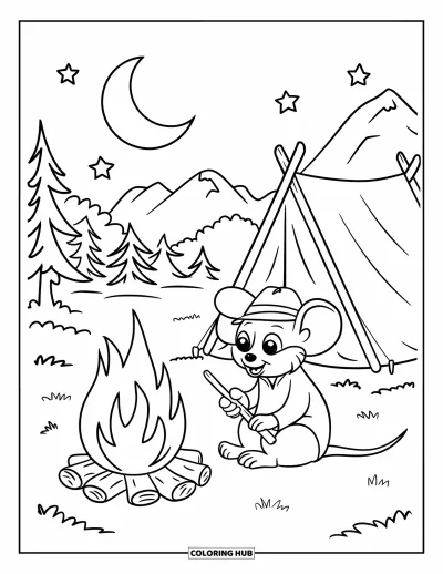 Coloriage de souris pour enfants : Une souris tenant un bâton est assise près d'un feu sous les étoiles et les montagnes