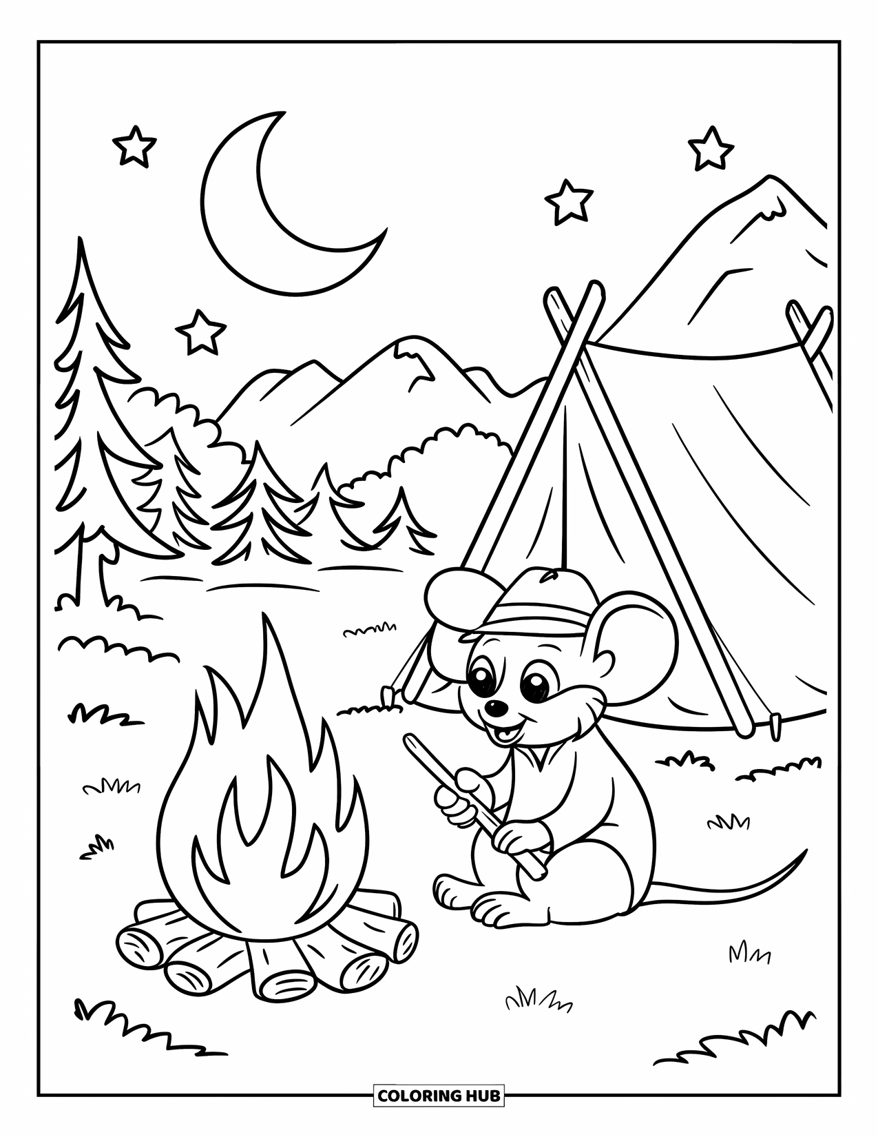 Mouse Coloring Page for Kids: A mouse holding a stick sits near a fire under stars and mountains