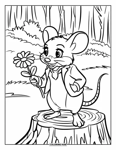 Coloriage de souris pour enfants : Une souris tient une fleur debout sur une souche dans une forêt