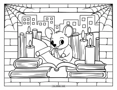Coloriage de souris pour enfants : Une souris tient un parchemin dans une cachette en briques douillette remplie de livres et de bougies