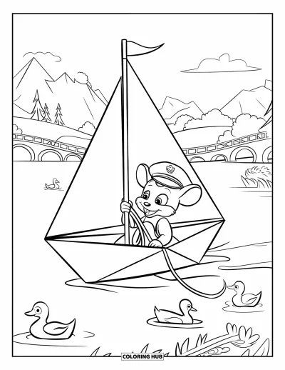 Coloriage de souris pour enfants : Une souris au chapeau de capitaine navigue devant des canards, des arbres et des montagnes