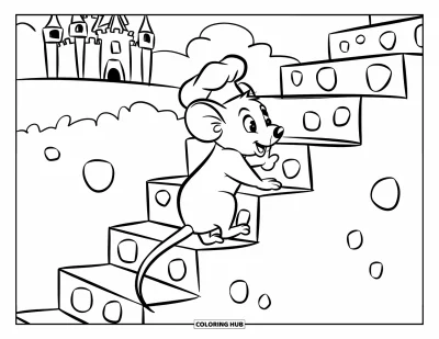Coloriage de souris pour enfants : Une souris coiffée d'un chapeau de cuisinier grimpe des escaliers en fromage avec un château derrière elle