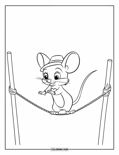 Coloriage de souris pour enfants : Une souris coiffée d'un chapeau marche prudemment sur un fil tendu entre deux poteaux