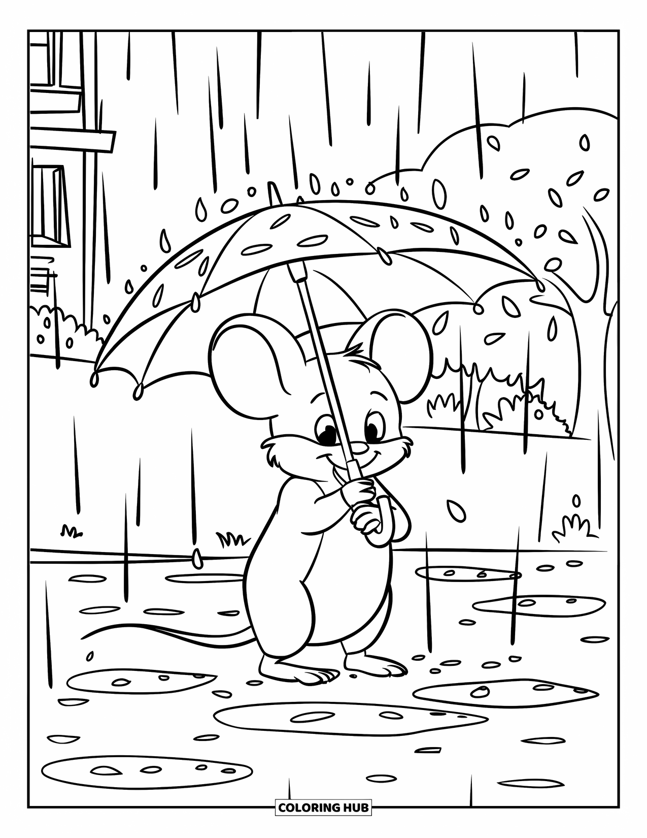 Mouse Coloring Page for Kids: A mouse in a hat holds a leaf umbrella while it rains over buildings