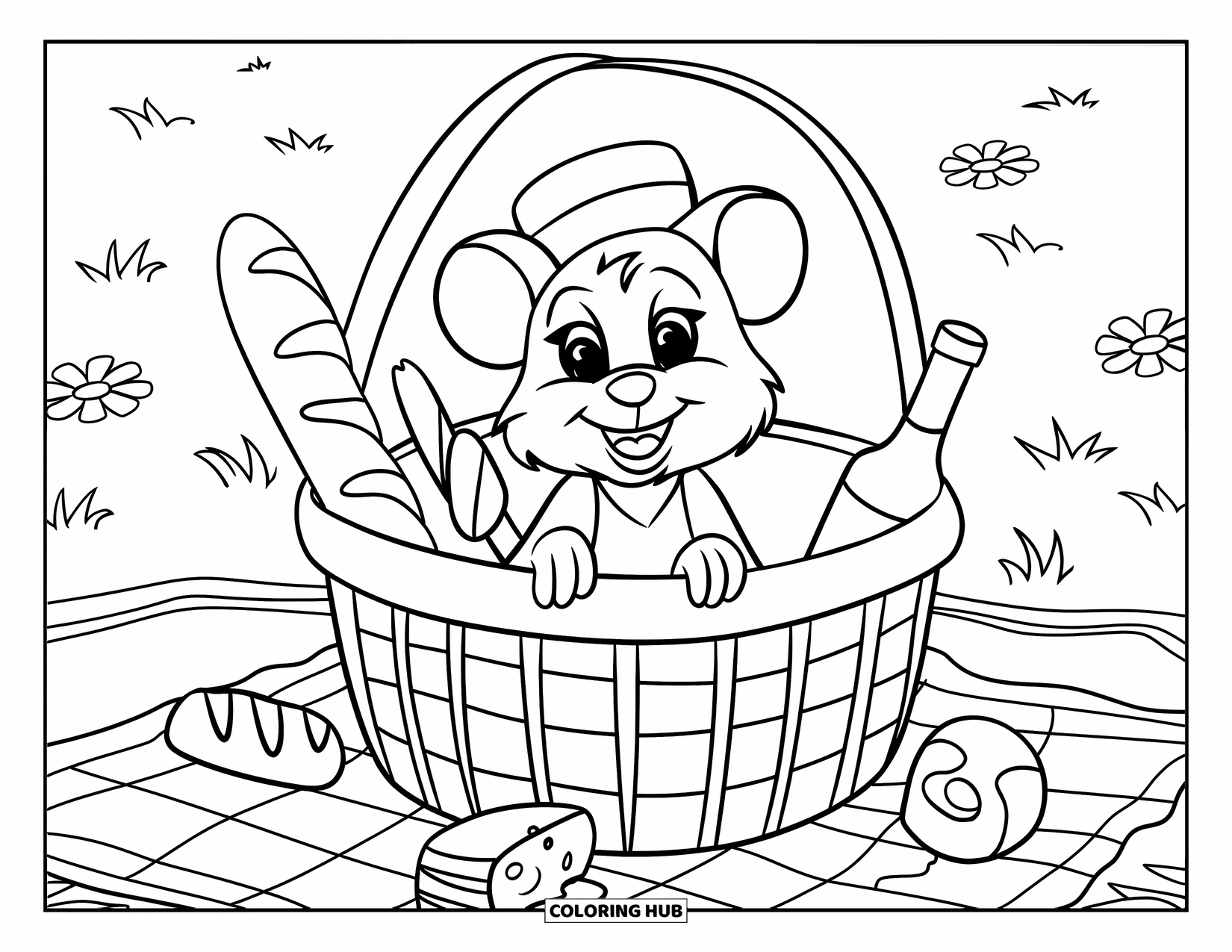 Mouse Coloring Page for Kids: A mouse in a hat pops out of a picnic basket in a sunny meadow