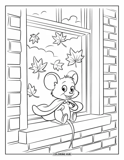 Coloriage de souris pour enfants : Une souris en cape rouge est assise sur un rebord de fenêtre en briques sous un ciel nuageux