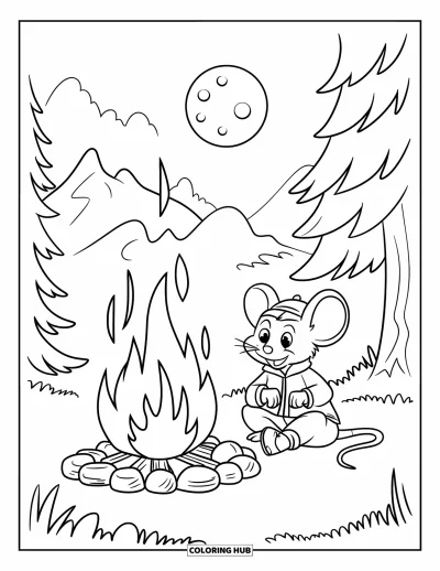 Coloriage de souris pour enfants : Une souris au chapeau rouge se réchauffe près d'un feu sous le clair de lune