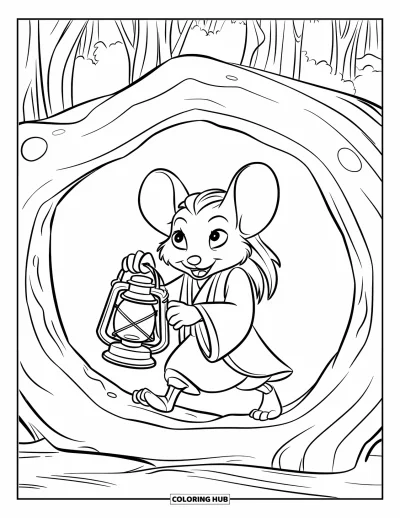 Coloriage de souris pour enfants : Une souris en robe de chambre porte une lanterne à l'intérieur d'un tronc d'arbre creux dans la forêt