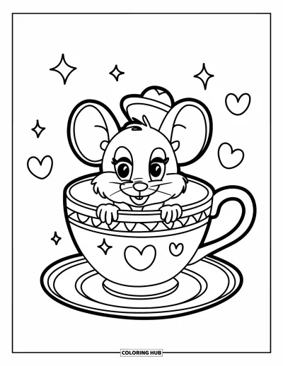 Coloriage de souris pour enfants : Une souris au petit chapeau passe la tête hors d'une tasse à thé entourée de cœurs et d'étoiles