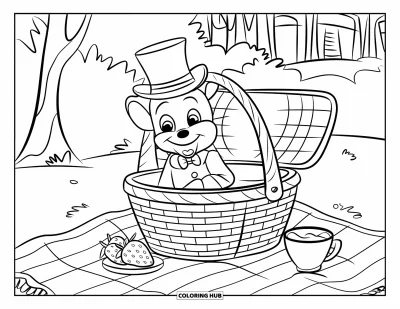 Coloriage de souris pour enfants : Une souris au haut-de-forme passe la tête hors d'un panier sur une couverture de pique-nique