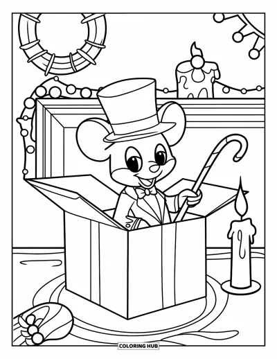 Coloriage de souris pour enfants : Une souris en smoking surgit d'une boîte-cadeau avec des décorations festives