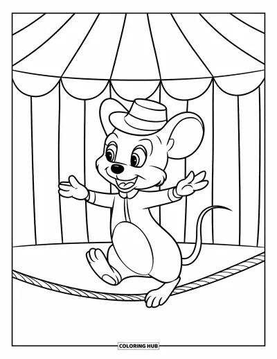 Coloriage de souris pour enfants : Une souris sur un fil de funambule traverse un chapiteau de cirque aux murs rayés