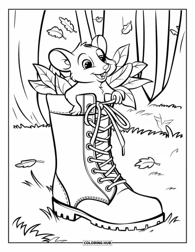 Coloriage de souris pour enfants : Une souris passe la tête hors d'une botte remplie de feuilles dans un coin herbeux et calme