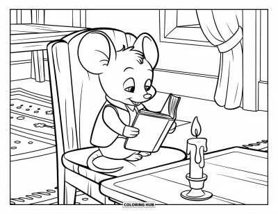 Coloriage de souris pour enfants : Une souris lit près d'une bougie dans une pièce chaleureuse avec un tapis et une fenêtre