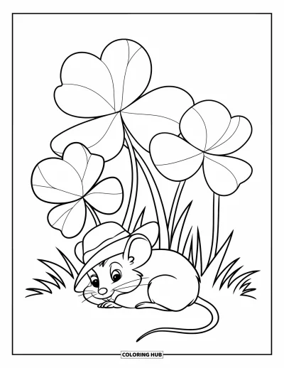 Coloriage de souris pour enfants : Une souris se repose sous des trèfles dans une prairie paisible et verdoyante