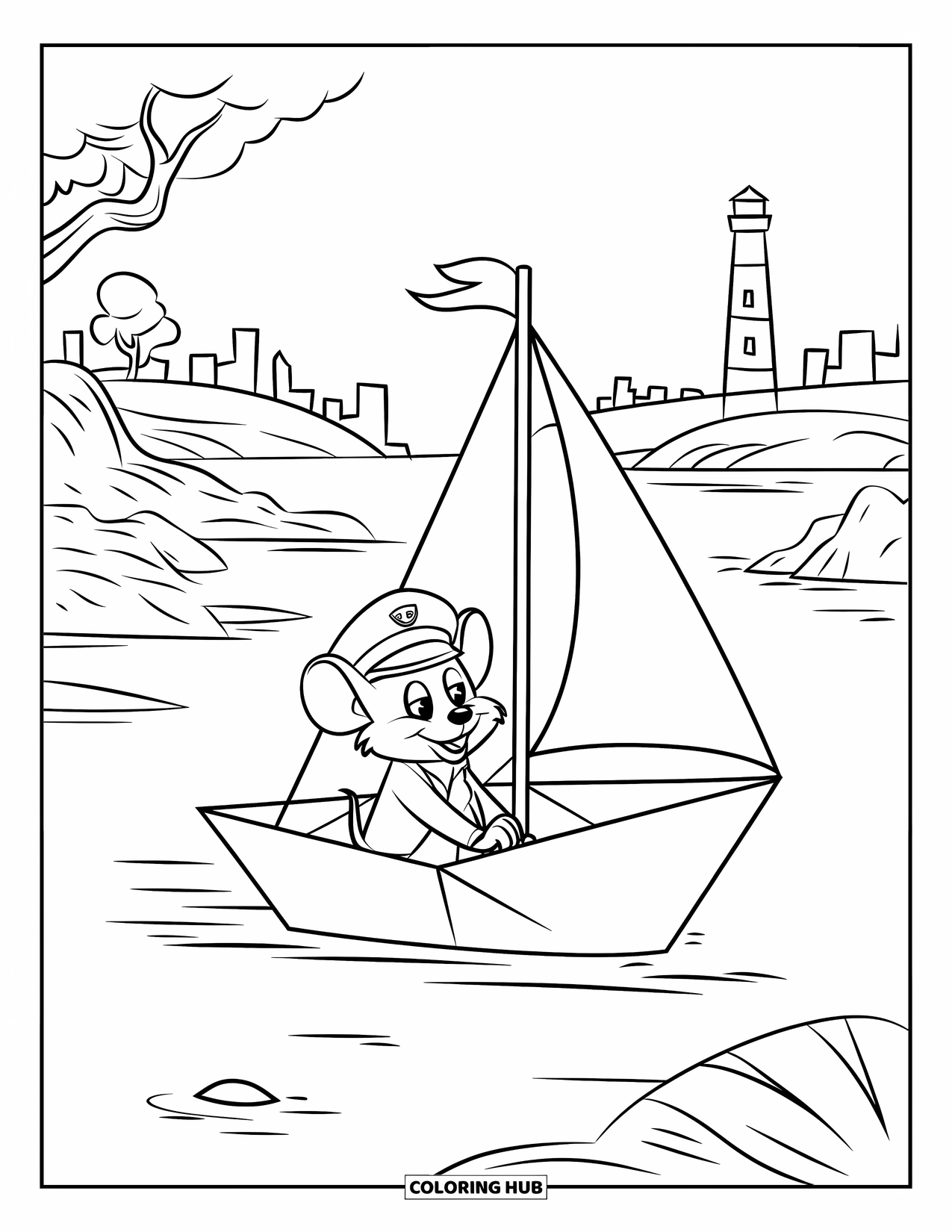 Mouse Coloring Page for Kids: A mouse sails calmly in a paper boat with a lighthouse in the distance
