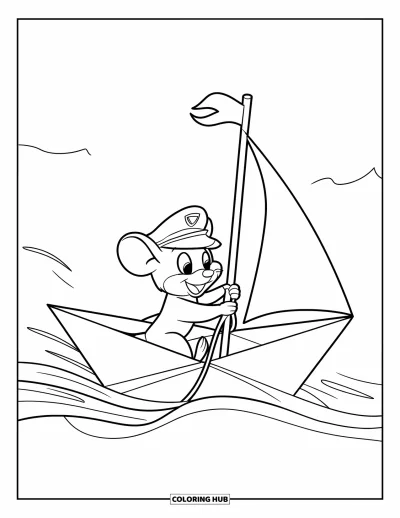 Coloriage de souris pour enfants : Une souris navigue dans un bateau en papier, tenant une corde et portant un chapeau de capitaine