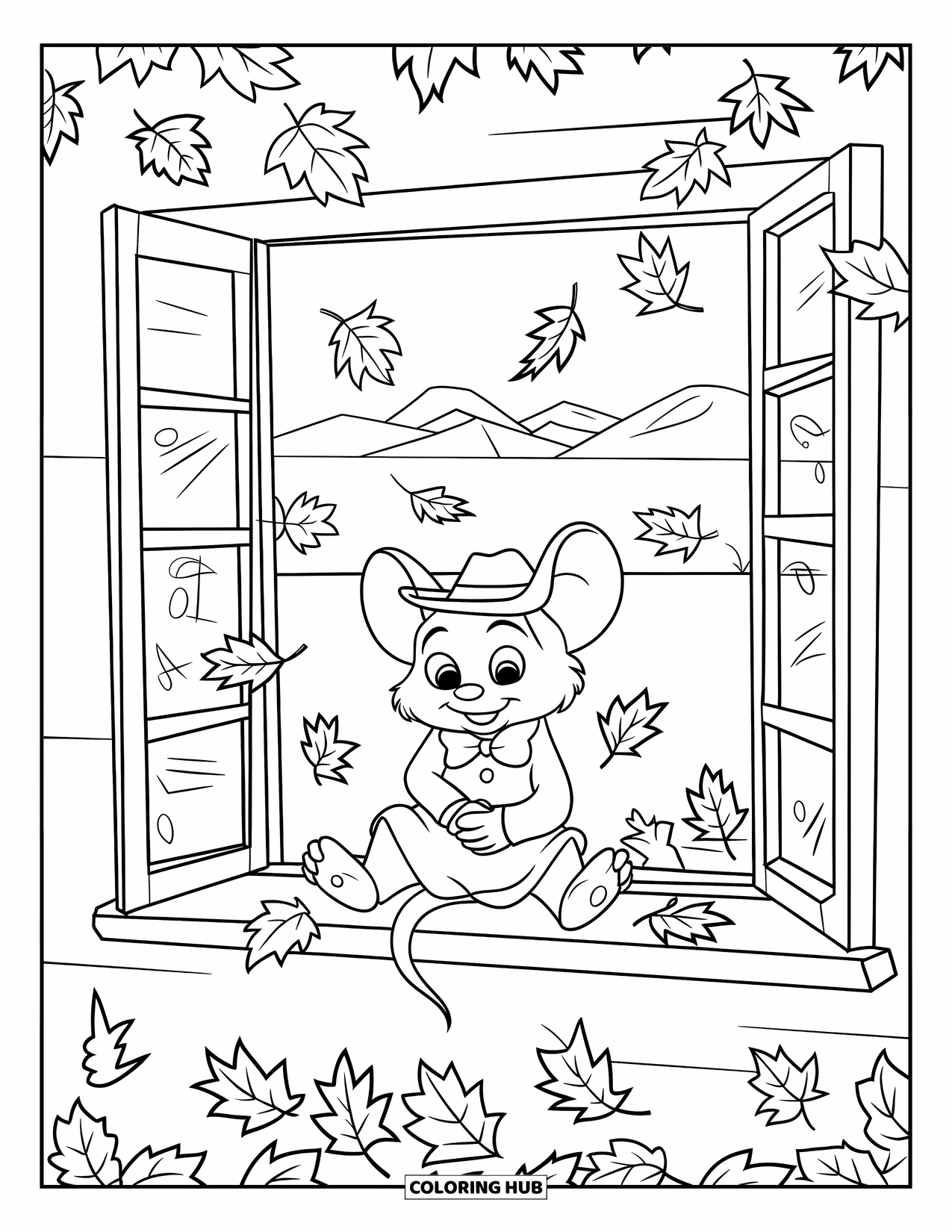 Mouse Coloring Page for Kids: A mouse sits at a window while autumn leaves fall near mountains and trees