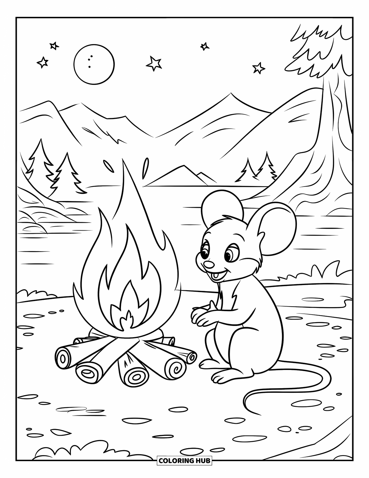 Mouse Coloring Page for Kids: A mouse sits by a campfire under the moon near mountains and water