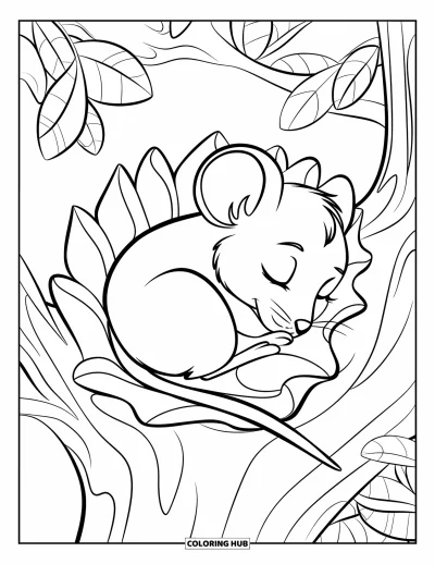 Coloriage de souris pour enfants : Une souris dort dans un lit de feuilles niché sur une branche entourée de feuillage