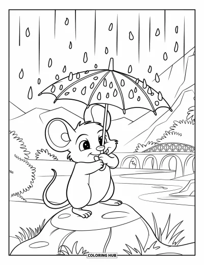 Coloriage de souris pour enfants : Une souris debout sur un rocher tient un parapluie en feuille sous la pluie