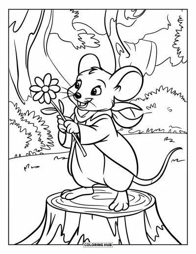 Coloriage de souris pour enfants : Une souris debout sur une souche tient une fleur dans les bois