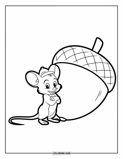 Coloriage de souris pour enfants : Une souris souriante se tient à côté d'un grand gland sur un fond épuré