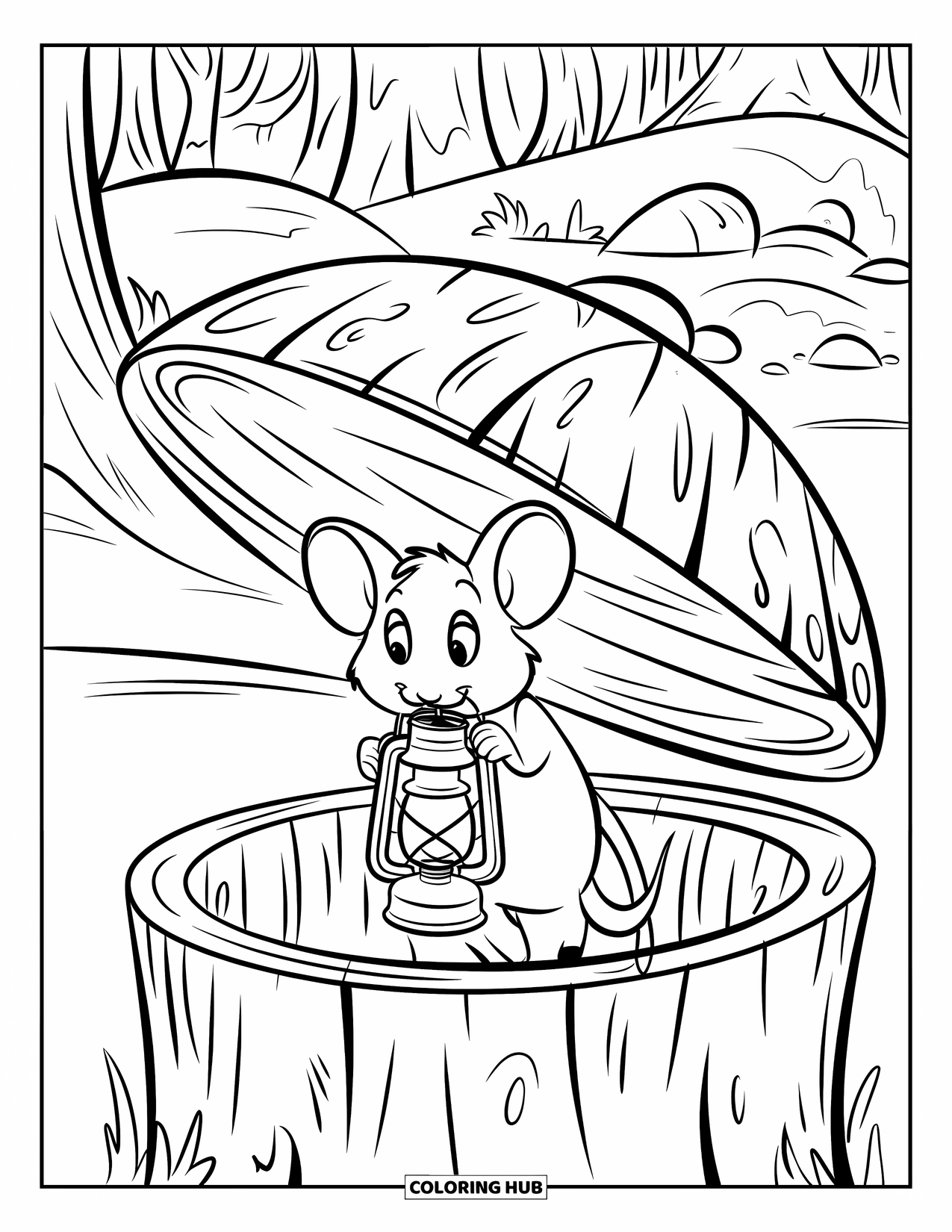 Mouse Coloring Page for Kids: A mouse with a lantern in its mouth walks through a hollow forest log