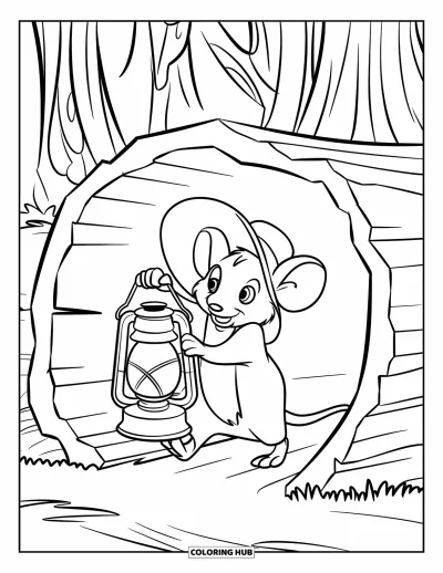 Coloriage de souris pour enfants : Une souris avec une lanterne traverse un tronc creux dans la forêt