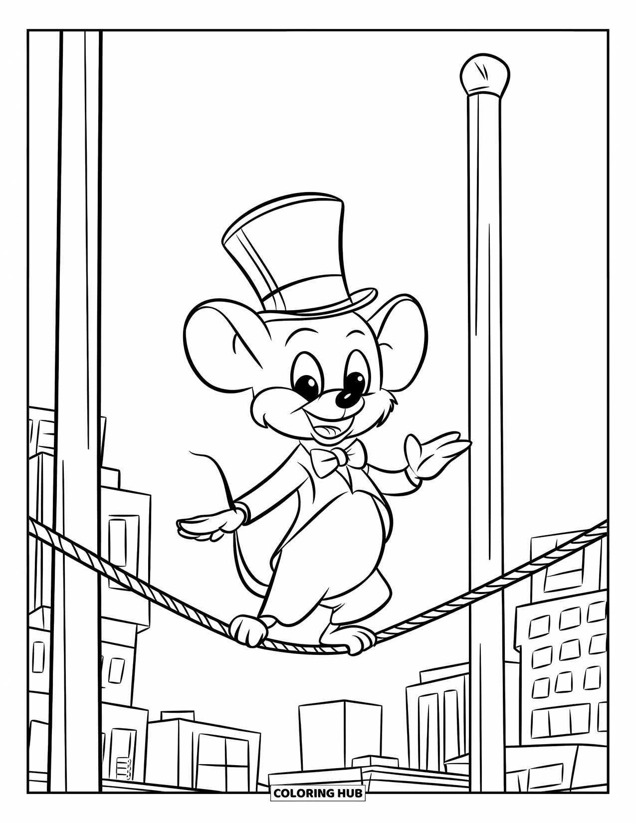 Mouse Coloring Page for Kids: A mouse with a top hat walks a tightrope high above a city