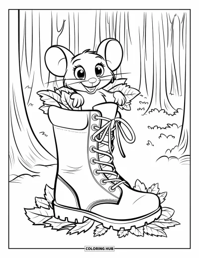Coloriage de souris pour enfants : Une souris aux grands yeux passe la tête hors d'une botte feuillue dans la forêt