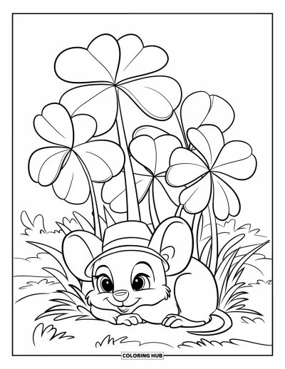 Coloriage de souris pour enfants : Une souris détendue avec un chapeau fait une sieste sous de grands trèfles dans la prairie