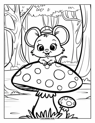 Coloriage de souris pour enfants : Une souris au visage rond avec un chapeau est assise joyeusement sur un champignon dans la forêt