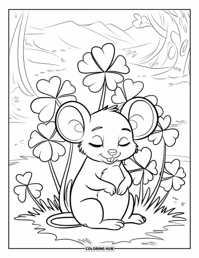 Coloriage de souris pour enfants : Une souris ensommeillée est assise sous des trèfles avec l'un d'eux posé en équilibre sur sa tête