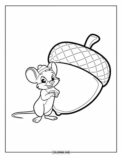 Coloriage de souris pour enfants : Une souris souriante avec un chapeau se tient à côté d'un énorme gland